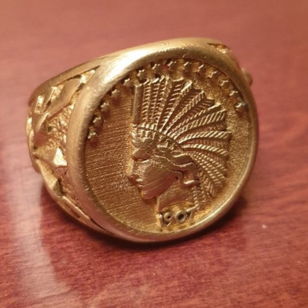 1907 Vintage Native American Chief 18K Gold Plate~Stainless Steel Ring